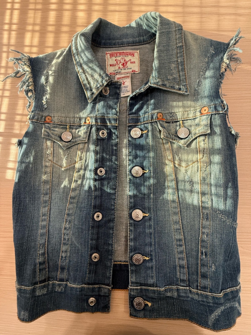 True Religion Women’s Distressed Blue Denim Vest with Bleach Details